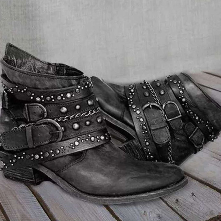 Women's Western Studded Buckle-Strap Block-Heel Ankle Boots - Black