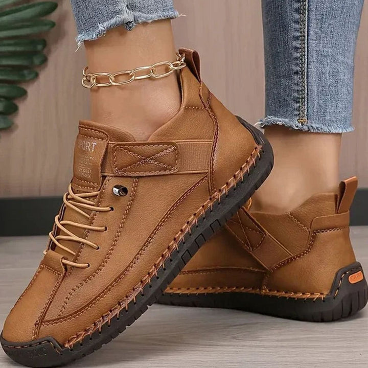 Women's Wide-Fit Orthopedic Leather Sneakers Elastic Panel - Brown