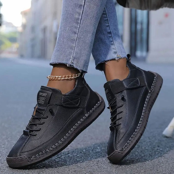 Women's Wide-Fit Orthopedic Leather Sneakers Elastic Panel - Black
