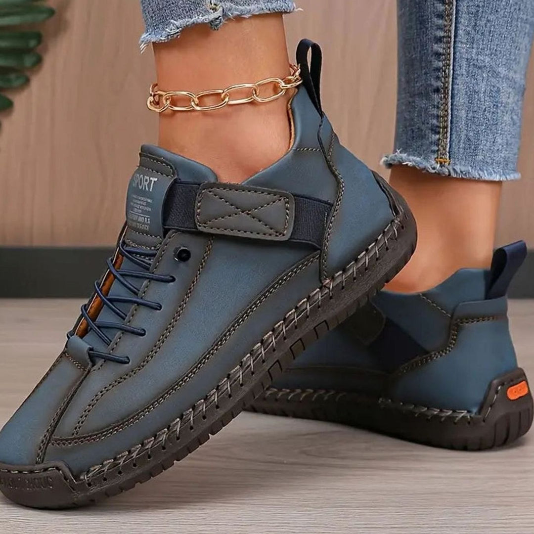 Women's Wide-Fit Orthopedic Leather Sneakers Elastic Panel - Dark Blue
