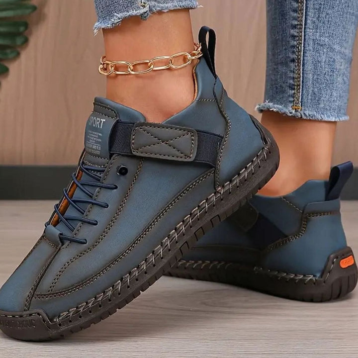 Women's Wide-Fit Orthopedic Leather Sneakers Elastic Panel - Dark Blue