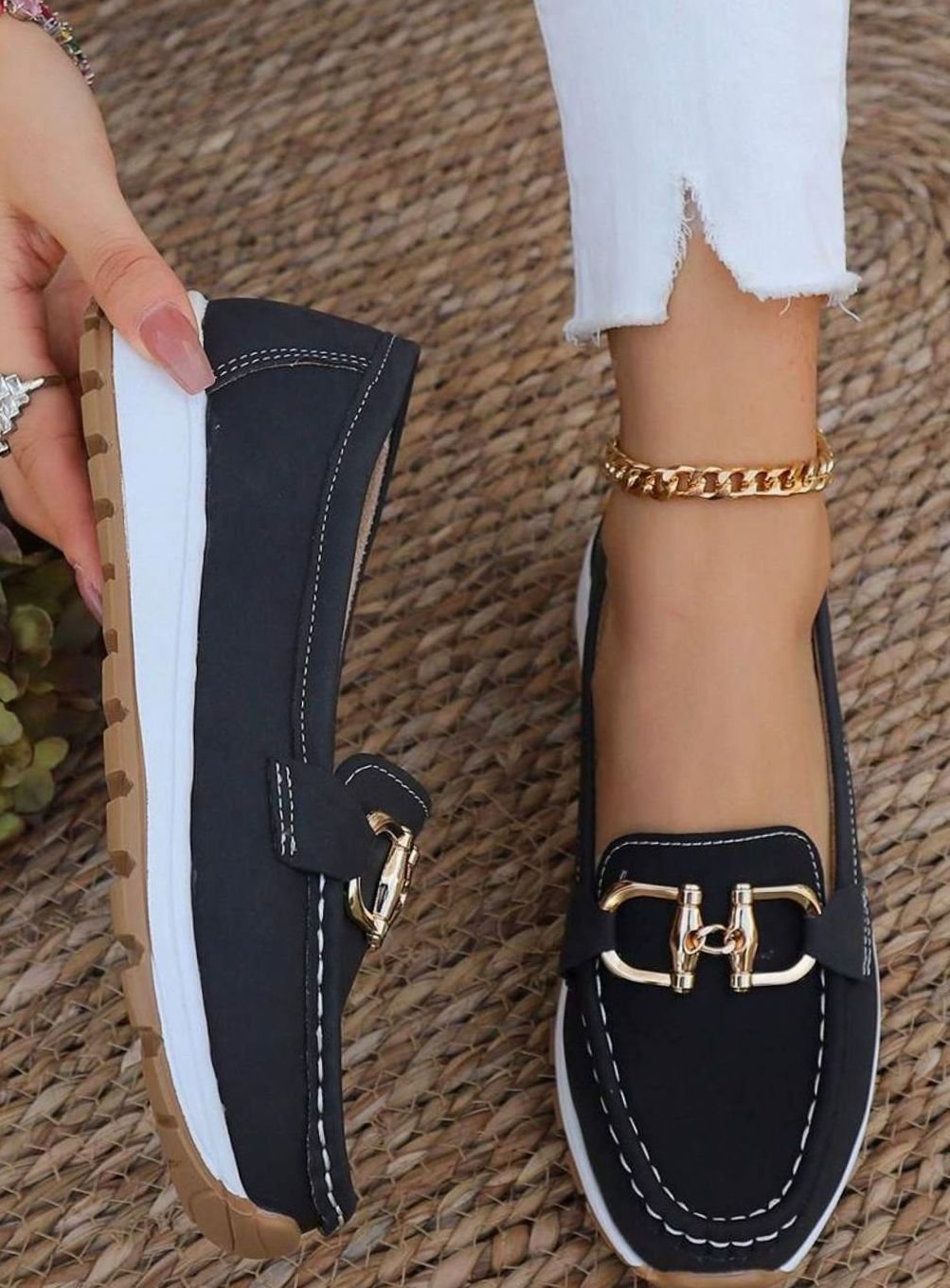 Women's Wide-Fit Orthopedic Slip-On Loafers Gold-Trim Non-Slip Sole