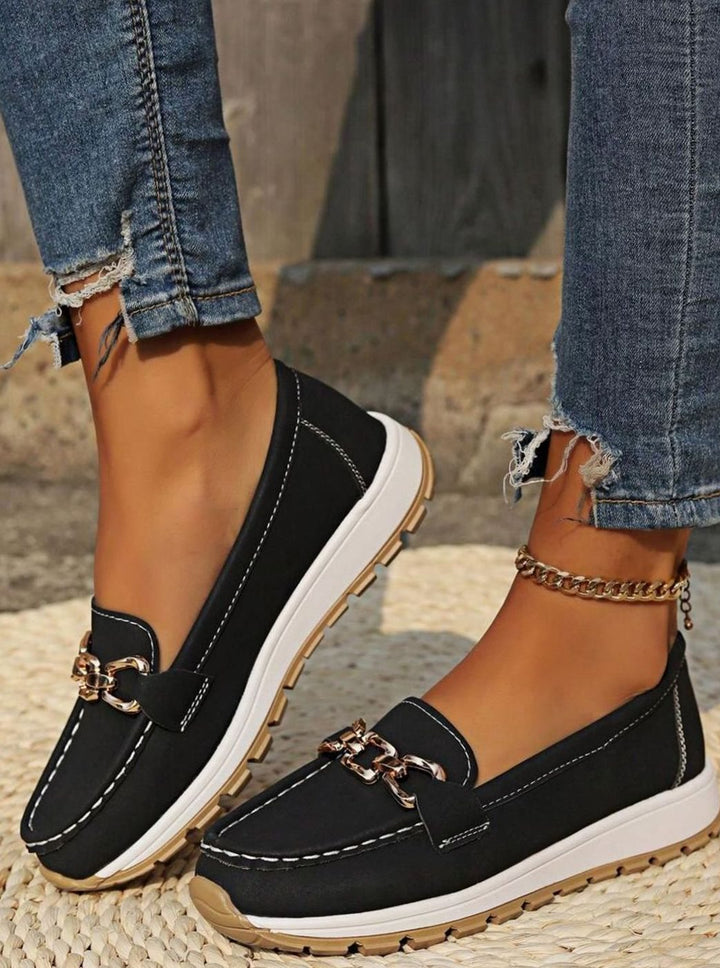 Women's Wide-Fit Orthopedic Slip-On Loafers Gold-Trim Non-Slip Sole