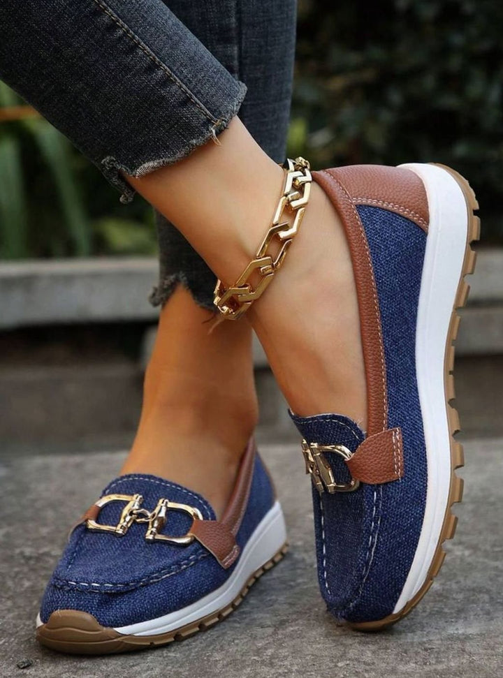 Women's Wide-Fit Orthopedic Slip-On Loafers Gold-Trim Non-Slip Sole
