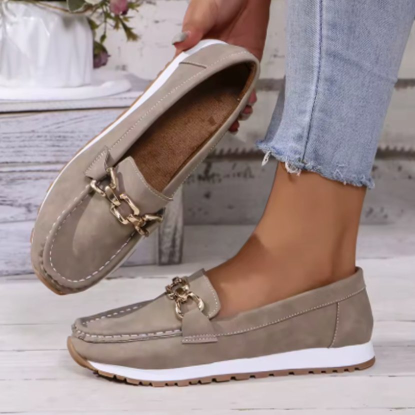 Women's Wide-Fit Orthopedic Slip-On Loafers Gold-Trim Non-Slip Sole - Grey