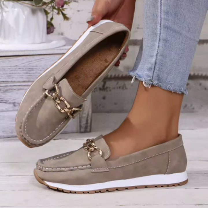 Women's Wide-Fit Orthopedic Slip-On Loafers Gold-Trim Non-Slip Sole - Grey