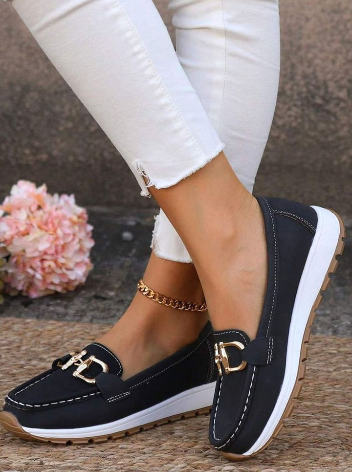 Women's Wide-Fit Orthopedic Slip-On Loafers Gold-Trim Non-Slip Sole - Black