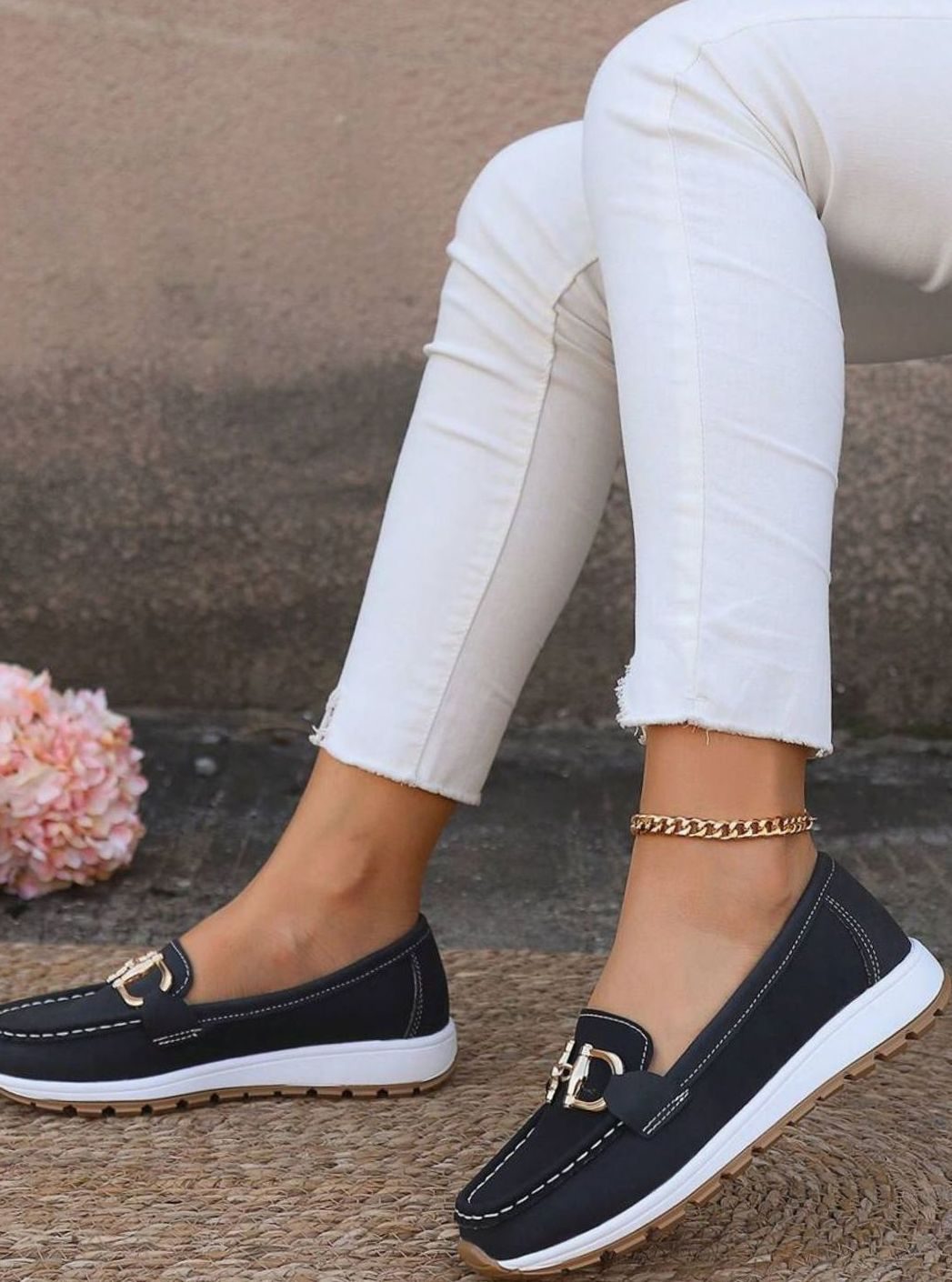 Women's Wide-Fit Orthopedic Slip-On Loafers Gold-Trim Non-Slip Sole