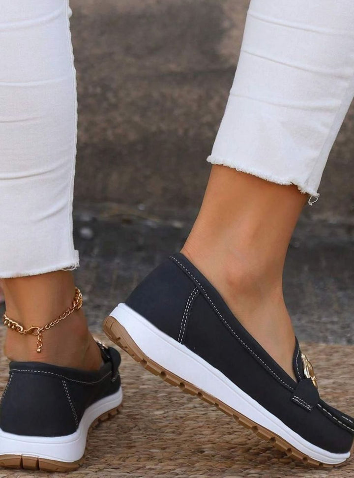 Women's Wide-Fit Orthopedic Slip-On Loafers Gold-Trim Non-Slip Sole