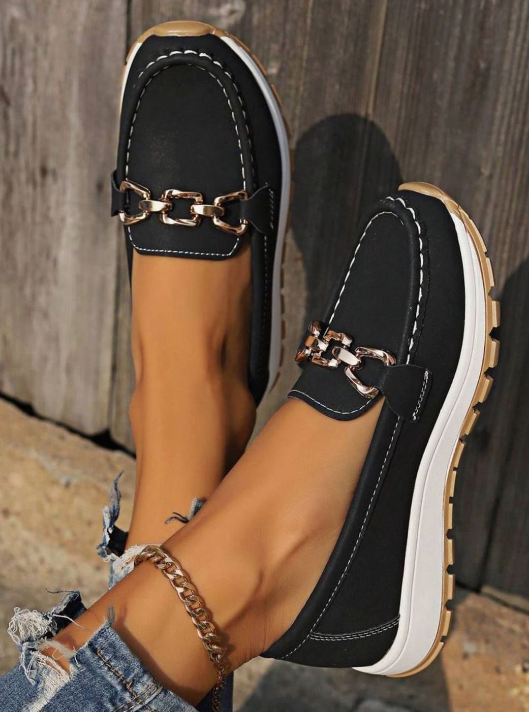 Women's Wide-Fit Orthopedic Slip-On Loafers Gold-Trim Non-Slip Sole