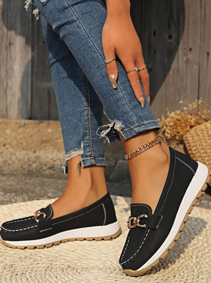 Women's Wide-Fit Orthopedic Slip-On Loafers Gold-Trim Non-Slip Sole