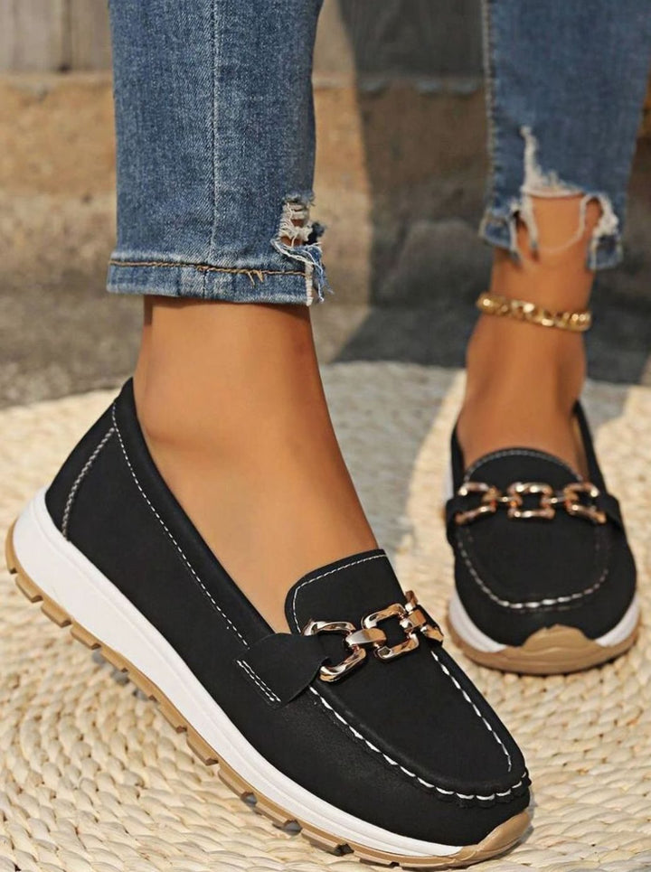 Women's Wide-Fit Orthopedic Slip-On Loafers Gold-Trim Non-Slip Sole