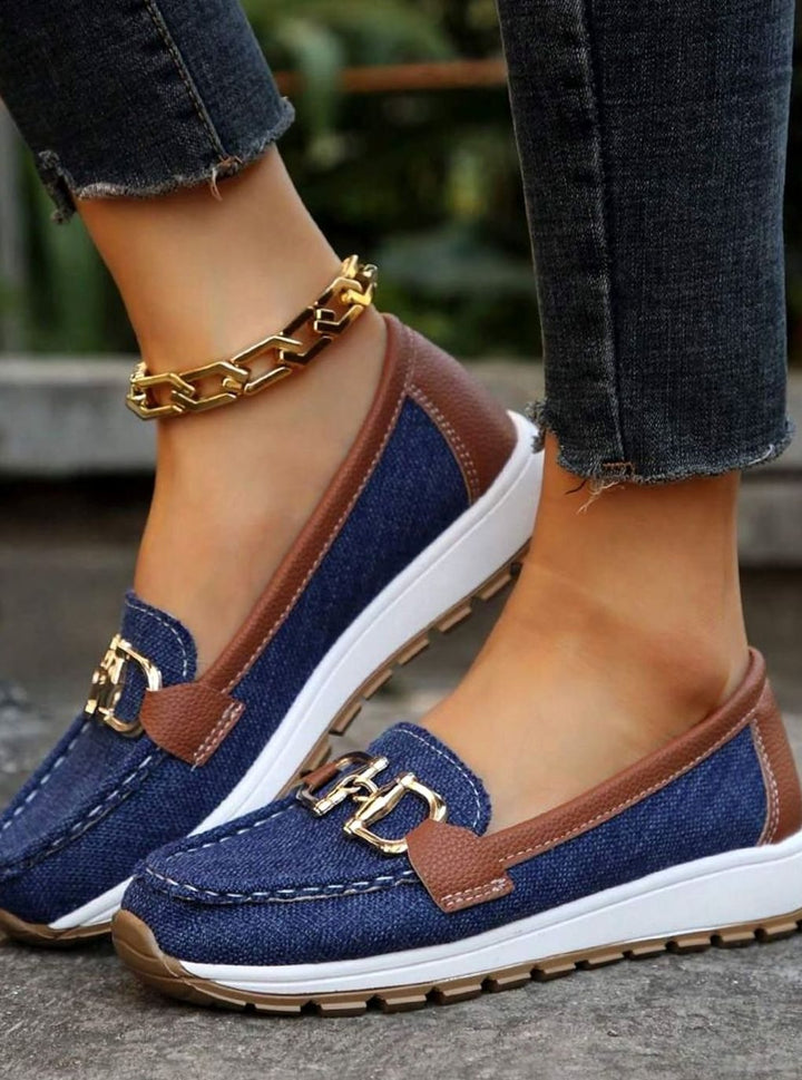 Women's Wide-Fit Orthopedic Slip-On Loafers Gold-Trim Non-Slip Sole - Navy