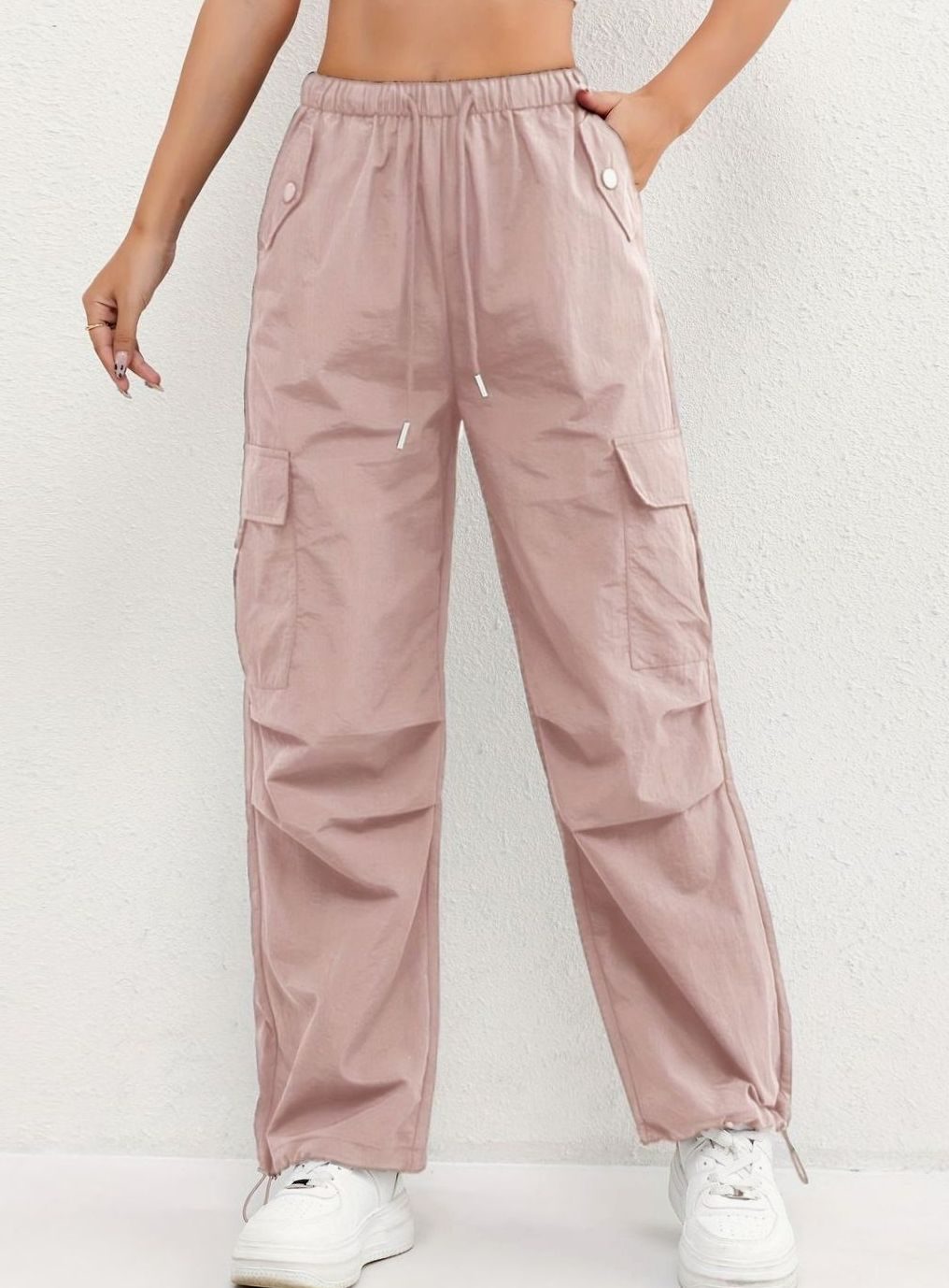 Women's Wide-Leg Cargo Drawstring Parachute Trousers - Pink