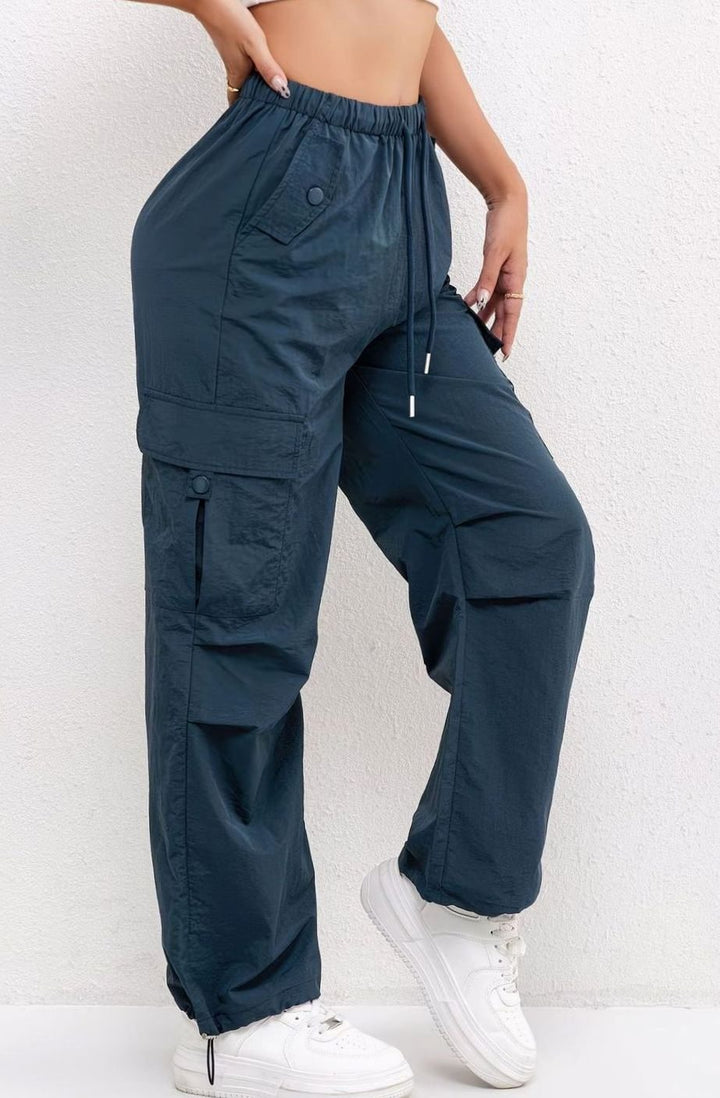 Women's Wide-Leg Cargo Drawstring Parachute Trousers - Blue