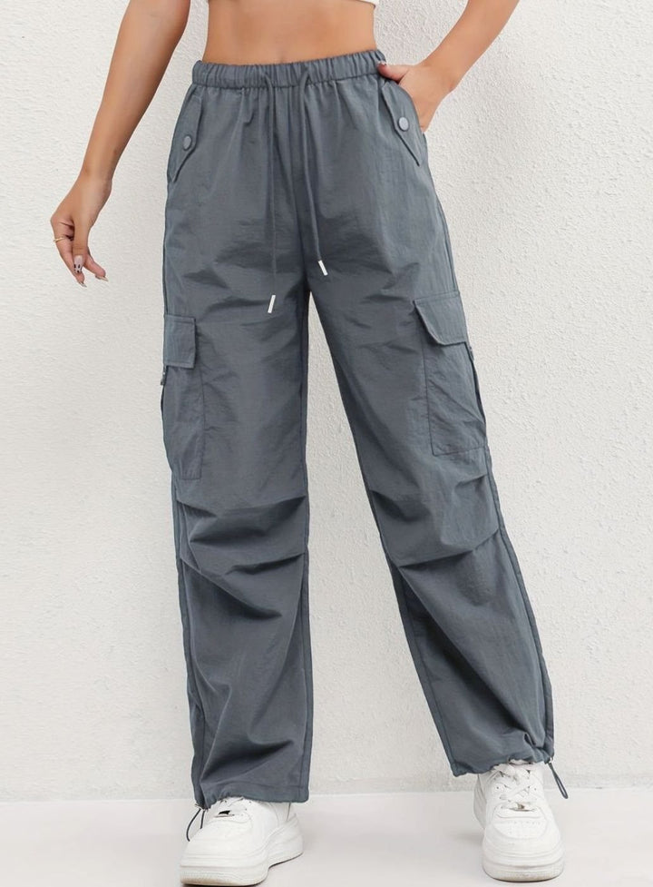 Women's Wide-Leg Cargo Drawstring Parachute Trousers - Grey