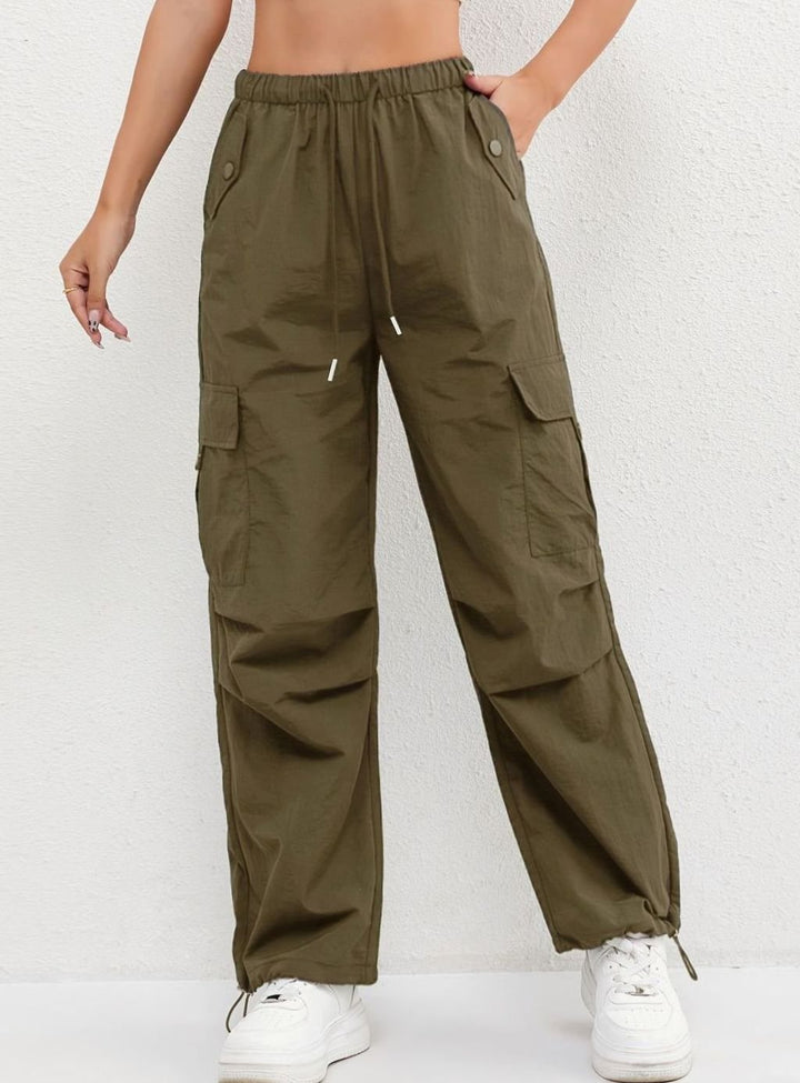 Women's Wide-Leg Cargo Drawstring Parachute Trousers - Green