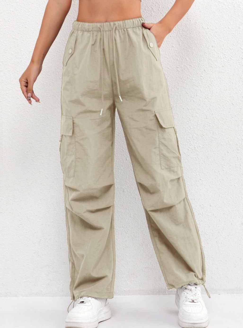Women's Wide-Leg Cargo Drawstring Parachute Trousers - Khaki
