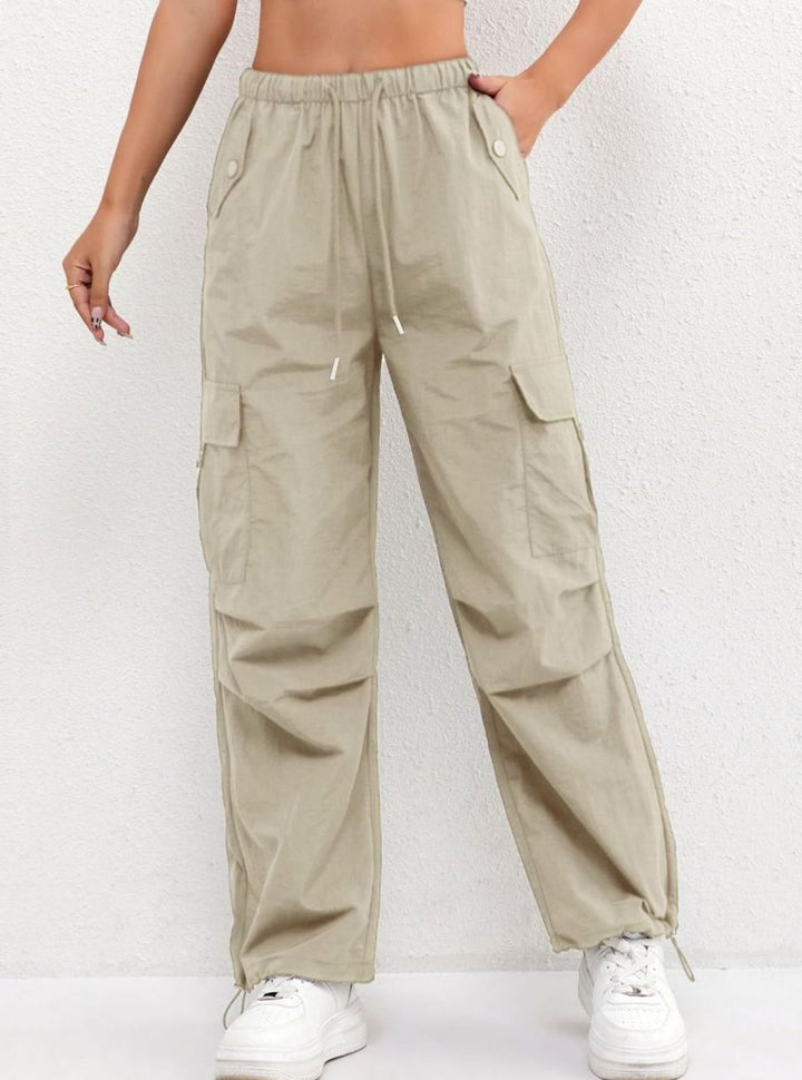 Women's Wide-Leg Cargo Drawstring Parachute Trousers - Khaki