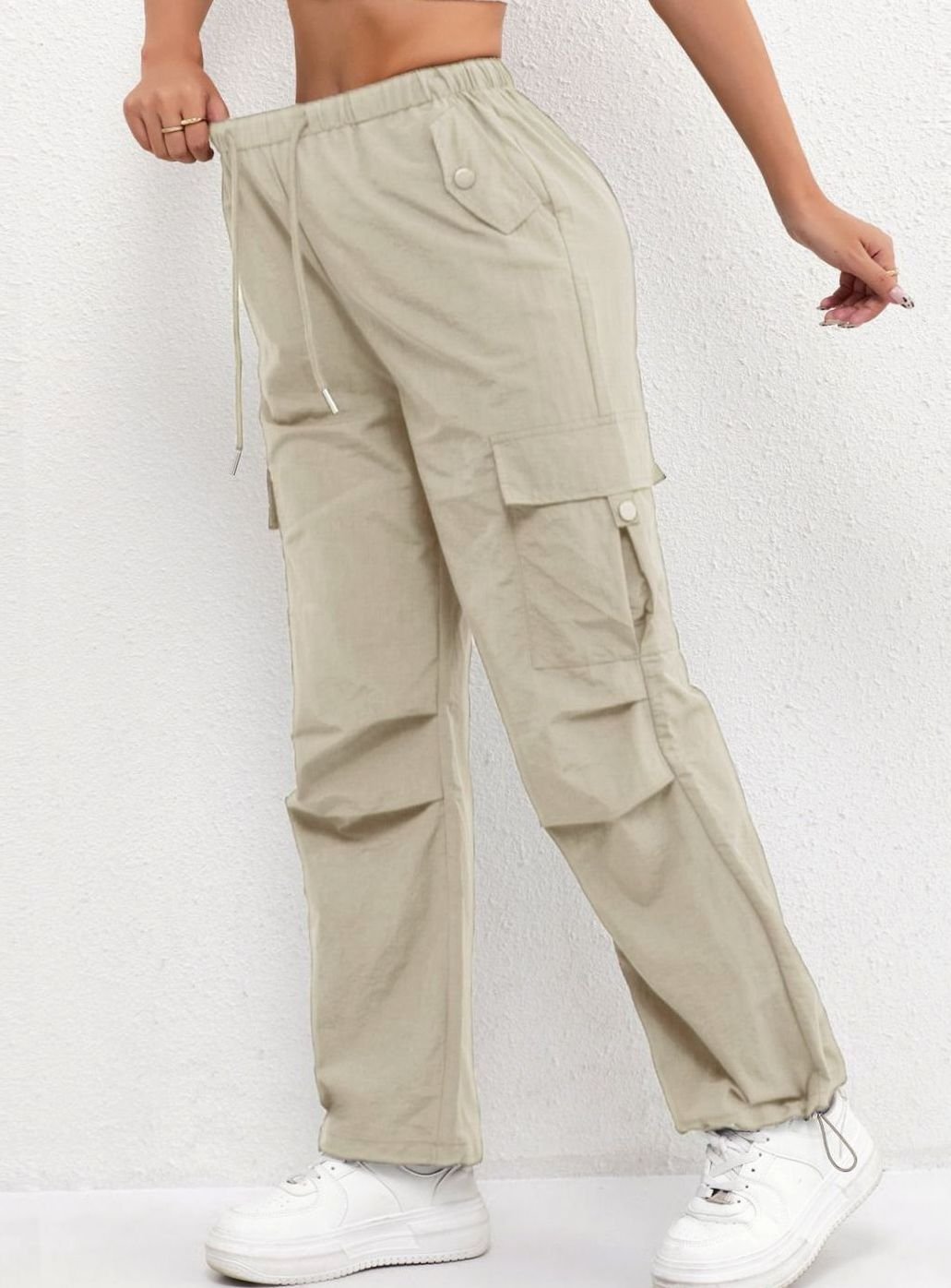 Women's Wide-Leg Cargo Drawstring Parachute Trousers