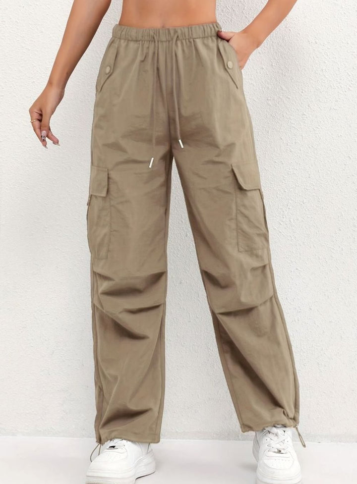 Women's Wide-Leg Cargo Drawstring Parachute Trousers - Brown