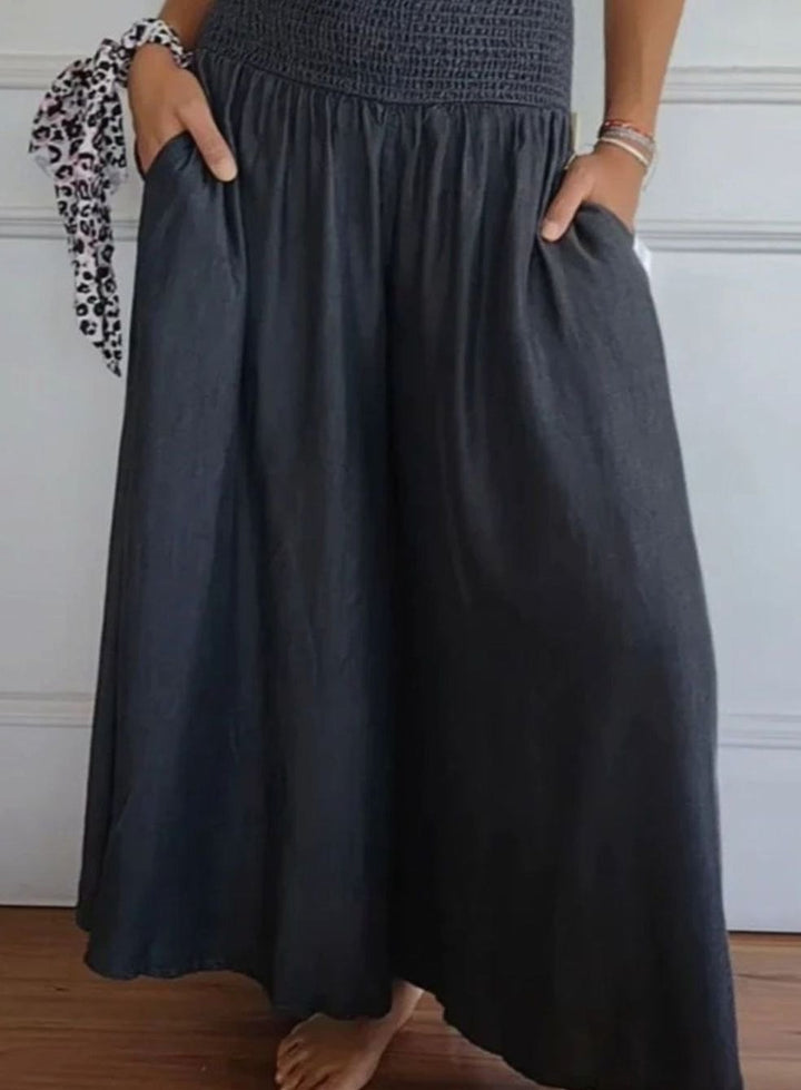 Women's Wide-Leg Cotton Linen Smocked Waist Trousers with Pockets - Black