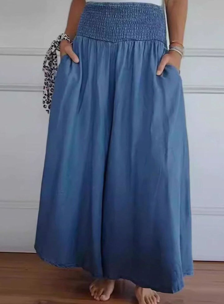 Women's Wide-Leg Cotton Linen Smocked Waist Trousers with Pockets - Dark Blue