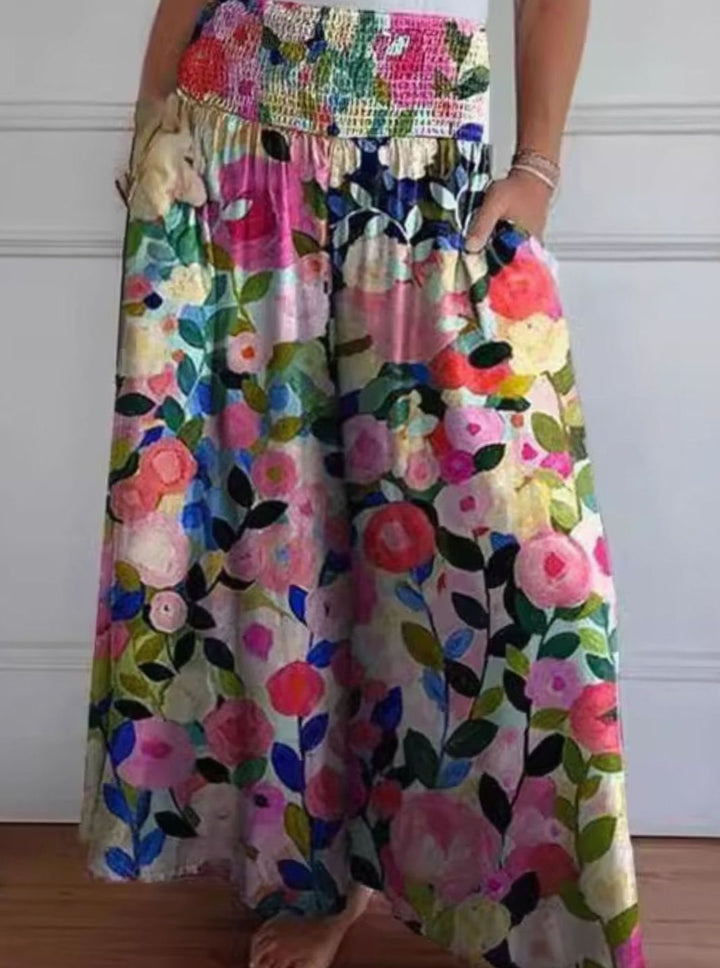 Women's Wide-Leg Cotton Linen Smocked Waist Trousers with Pockets - Multicolour