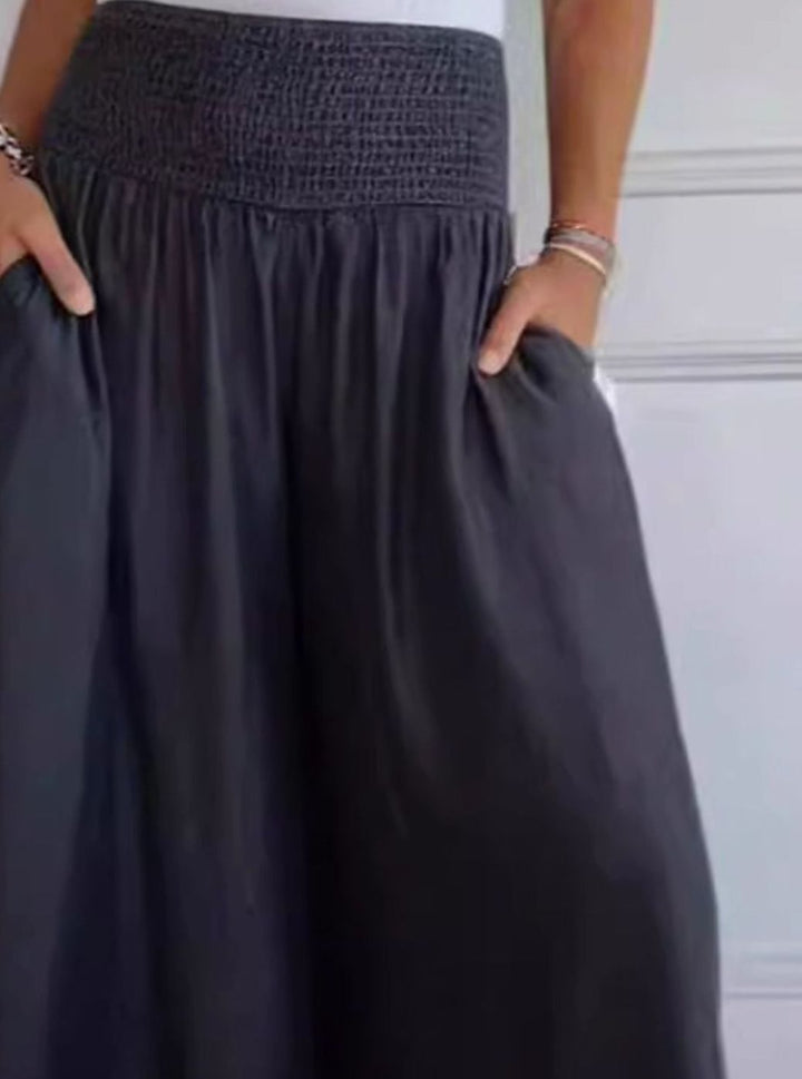 Women's Wide-Leg Cotton Linen Smocked Waist Trousers with Pockets