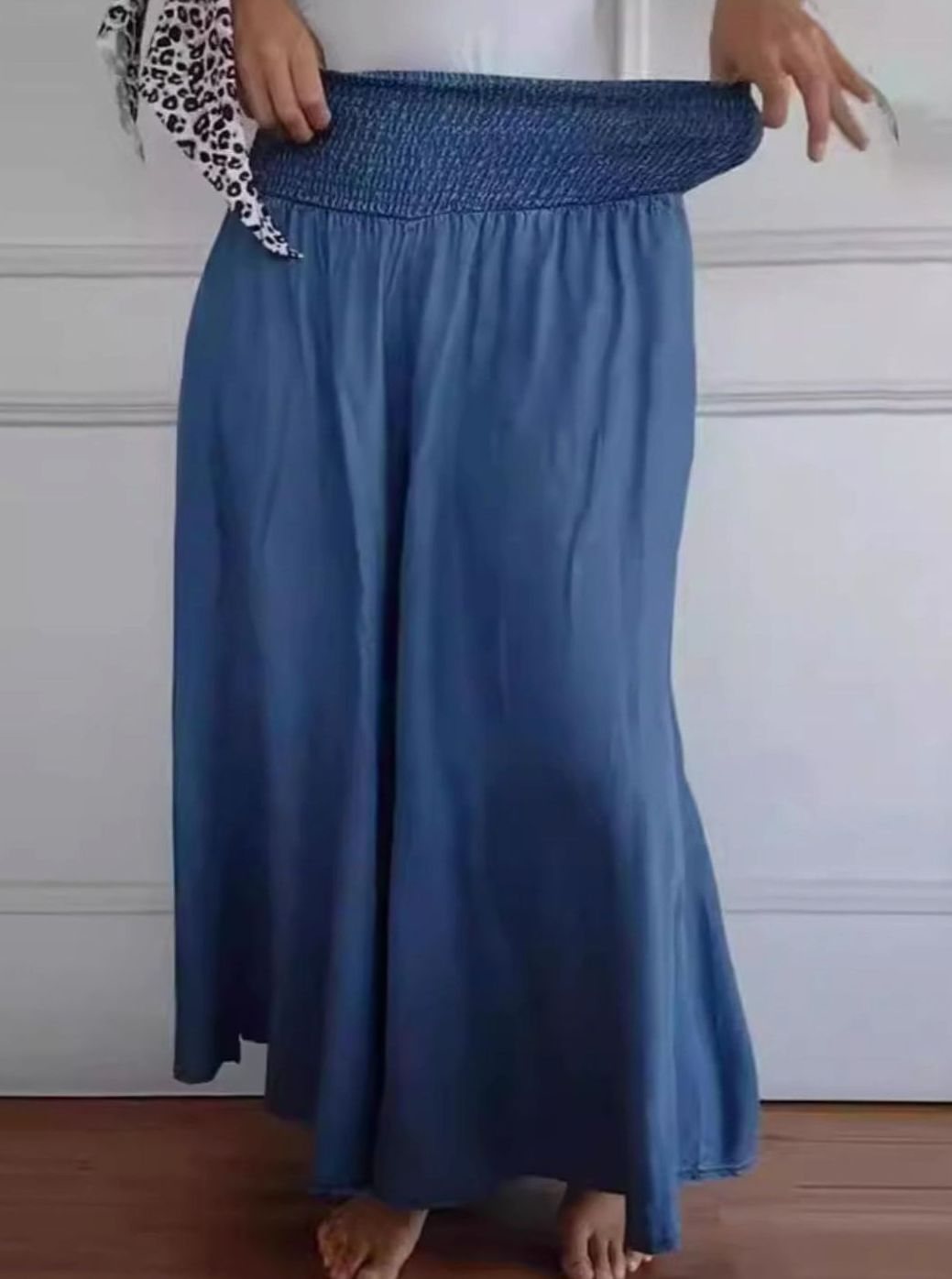 Women's Wide-Leg Cotton Linen Smocked Waist Trousers with Pockets