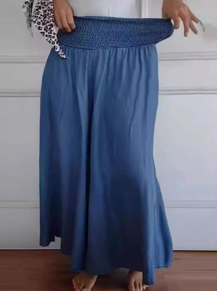 Women's Wide-Leg Cotton Linen Smocked Waist Trousers with Pockets