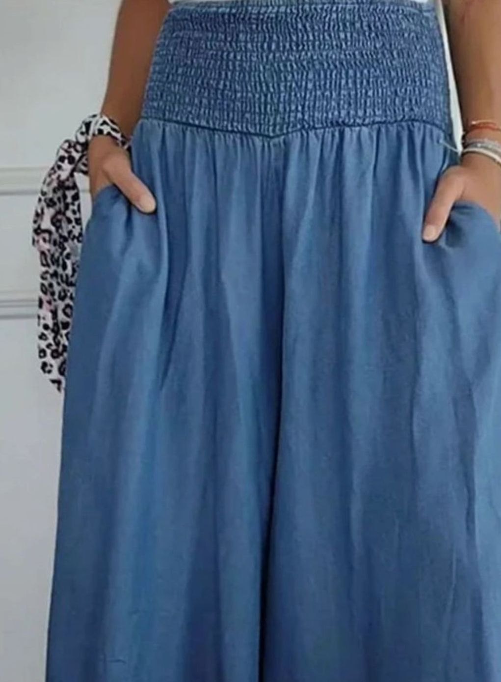 Women's Wide-Leg Cotton Linen Smocked Waist Trousers with Pockets