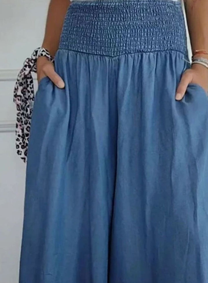 Women's Wide-Leg Cotton Linen Smocked Waist Trousers with Pockets
