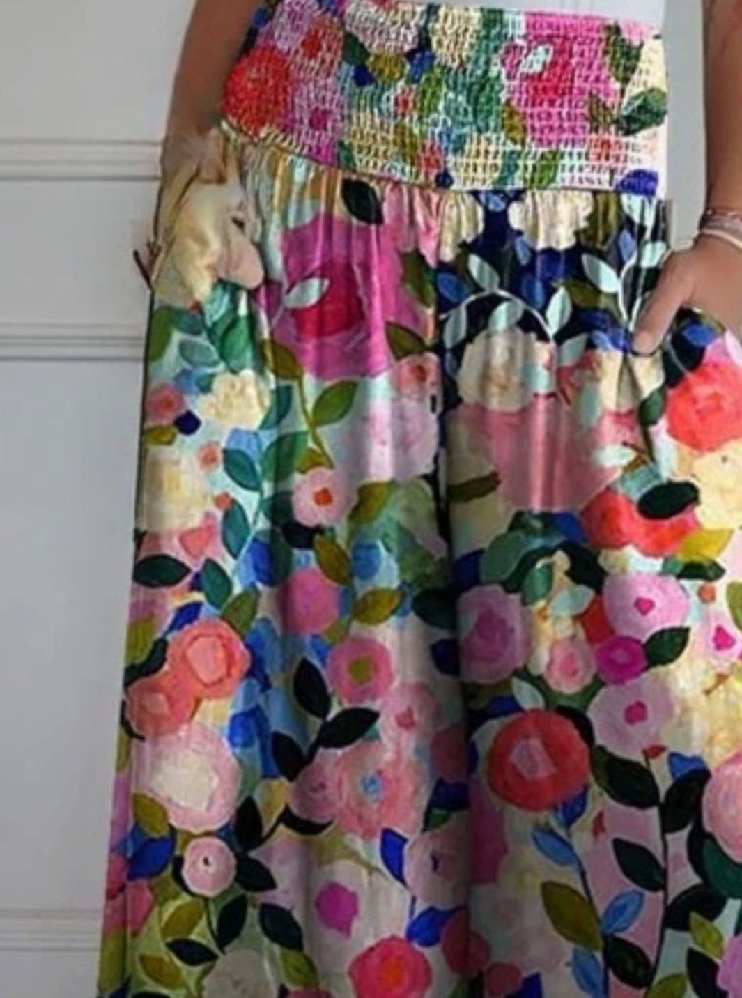 Women's Wide-Leg Cotton Linen Smocked Waist Trousers with Pockets