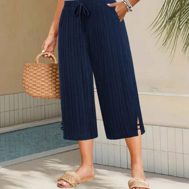 Women's Wide-Leg Cropped Drawstring Trousers with Side Pockets