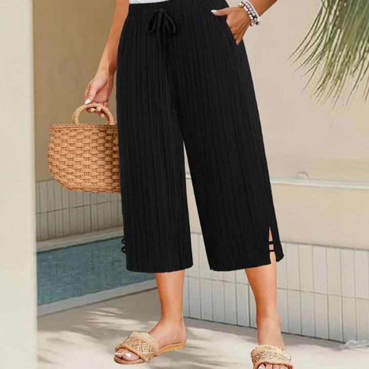 Women's Wide-Leg Cropped Drawstring Trousers with Side Pockets