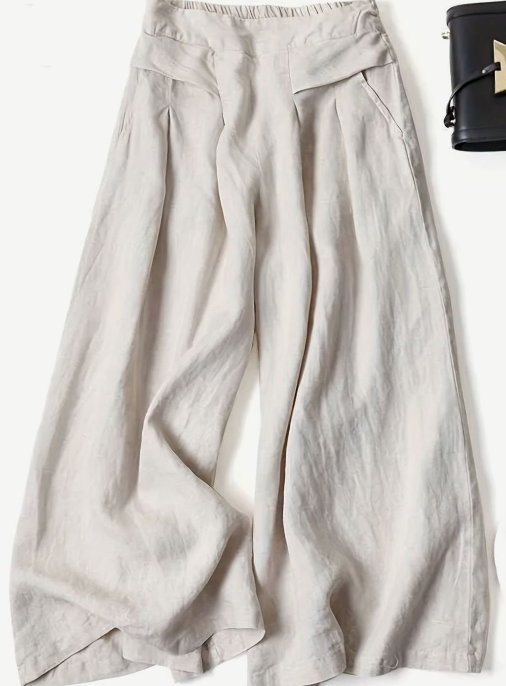 Women's Wide-Leg Cropped Linen Blend Elastic Waist Culottes - Beige