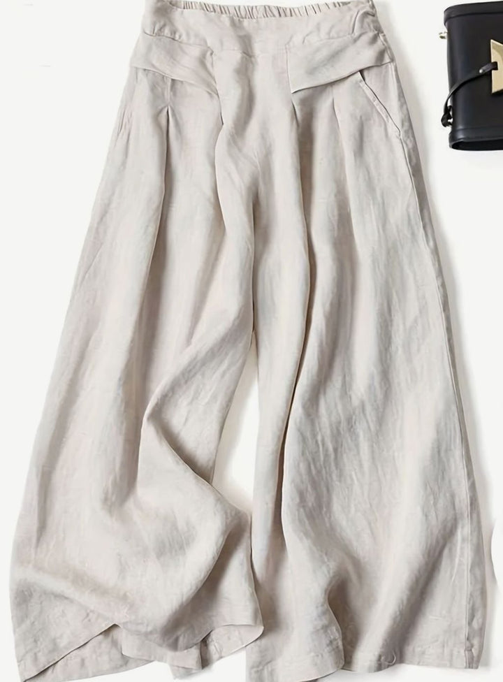 Women's Wide-Leg Cropped Linen Blend Elastic Waist Culottes - Beige