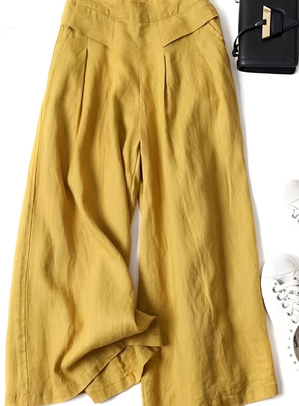 Women's Wide-Leg Cropped Linen Blend Elastic Waist Culottes - Yellow
