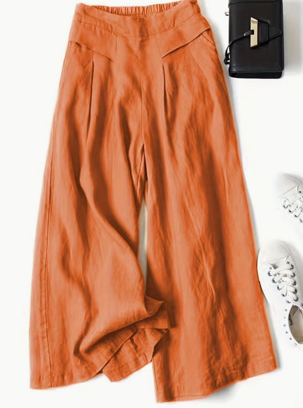 Women's Wide-Leg Cropped Linen Blend Elastic Waist Culottes - Orange