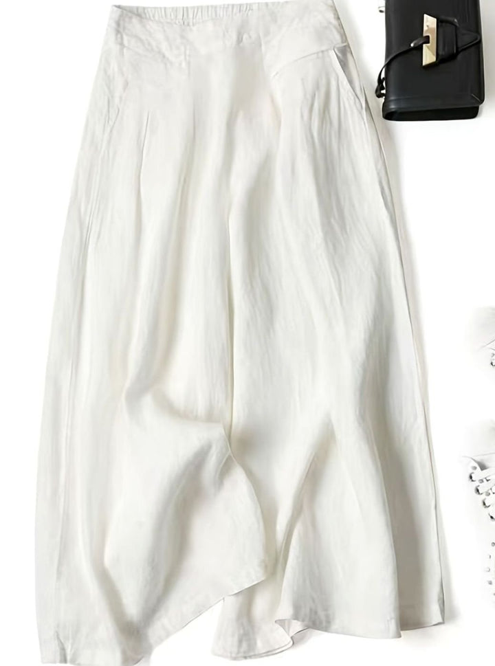 Women's Wide-Leg Cropped Linen Blend Elastic Waist Culottes