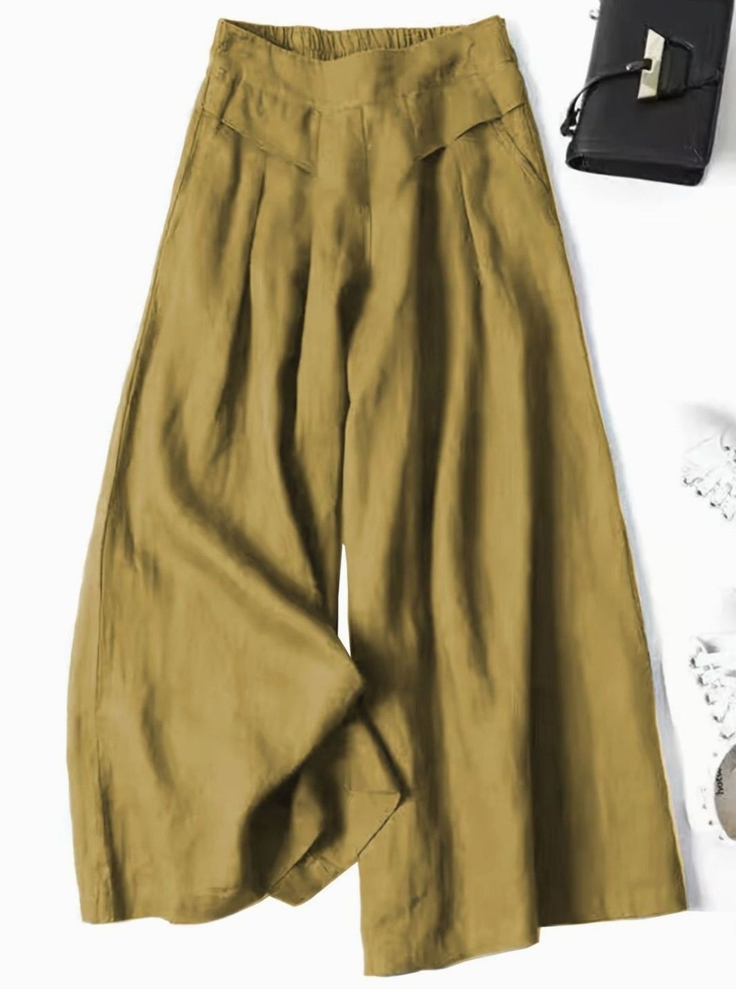 Women's Wide-Leg Cropped Linen Blend Elastic Waist Culottes - Mustard Yellow