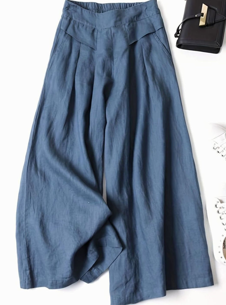 Women's Wide-Leg Cropped Linen Blend Elastic Waist Culottes - Blue