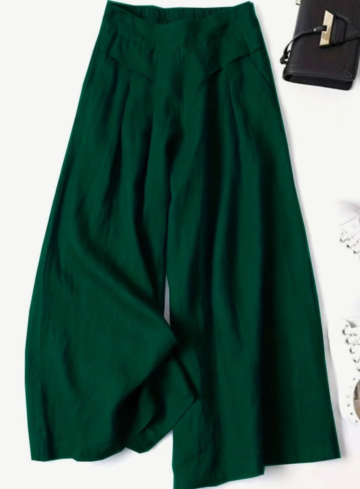 Women's Wide-Leg Cropped Linen Blend Elastic Waist Culottes - Green