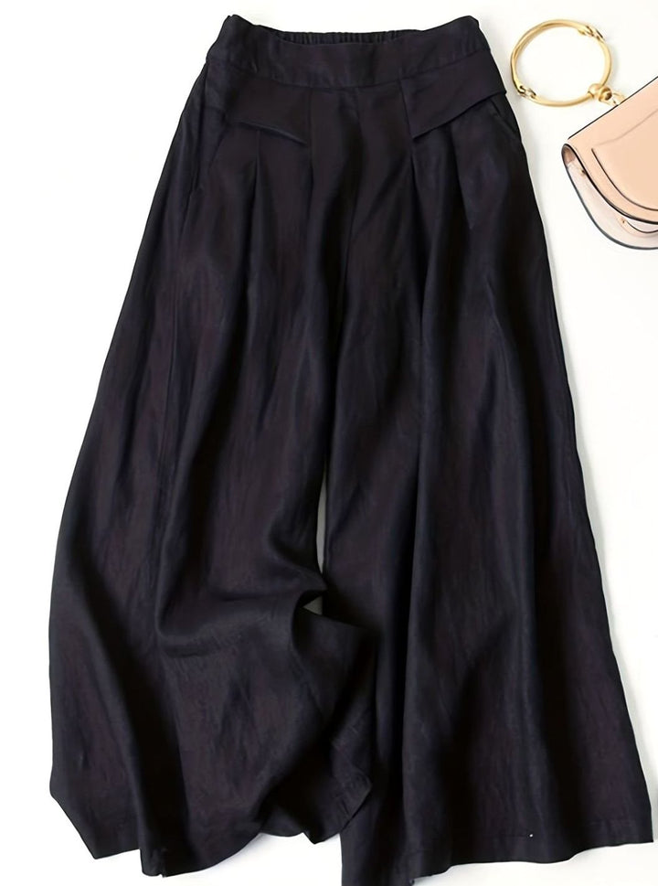 Women's Wide-Leg Cropped Linen Blend Elastic Waist Culottes - Black