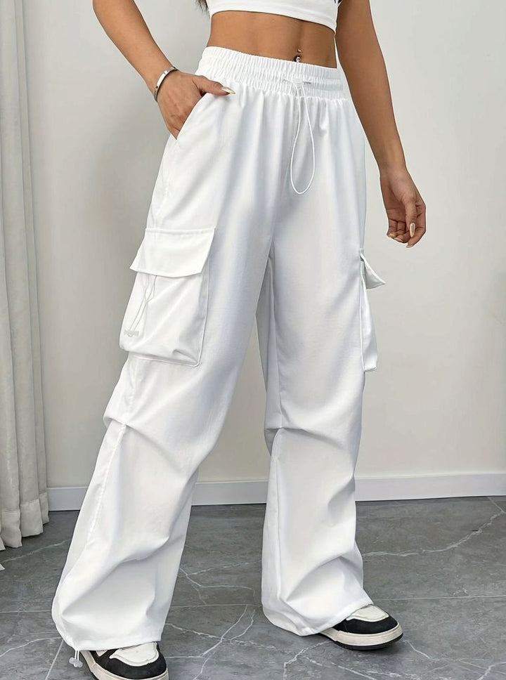 Women's Wide-Leg Drawstring Cargo Pocket Trousers - White