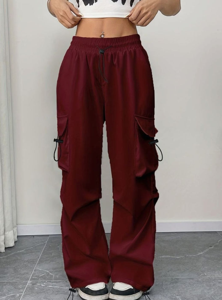 Women's Wide-Leg Drawstring Cargo Pocket Trousers - Burgundy