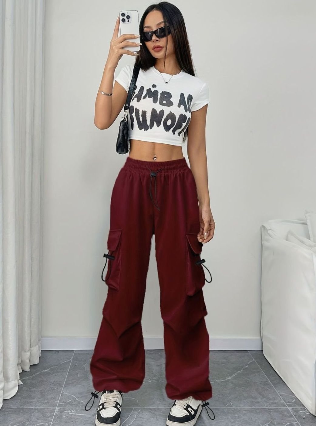 Women's Wide-Leg Drawstring Cargo Pocket Trousers