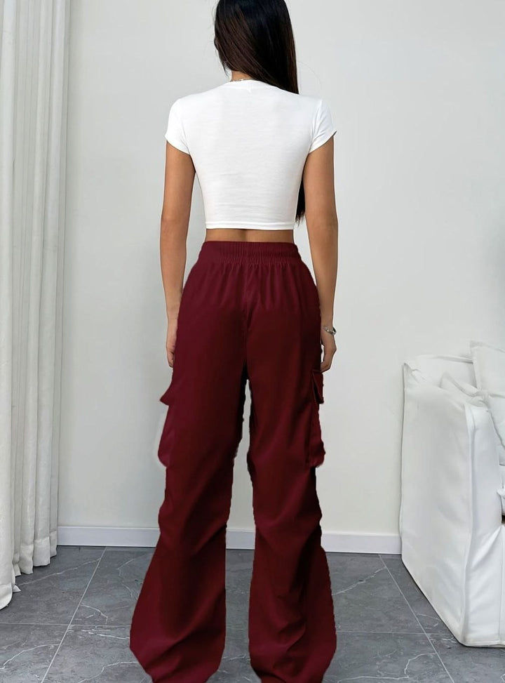 Women's Wide-Leg Drawstring Cargo Pocket Trousers