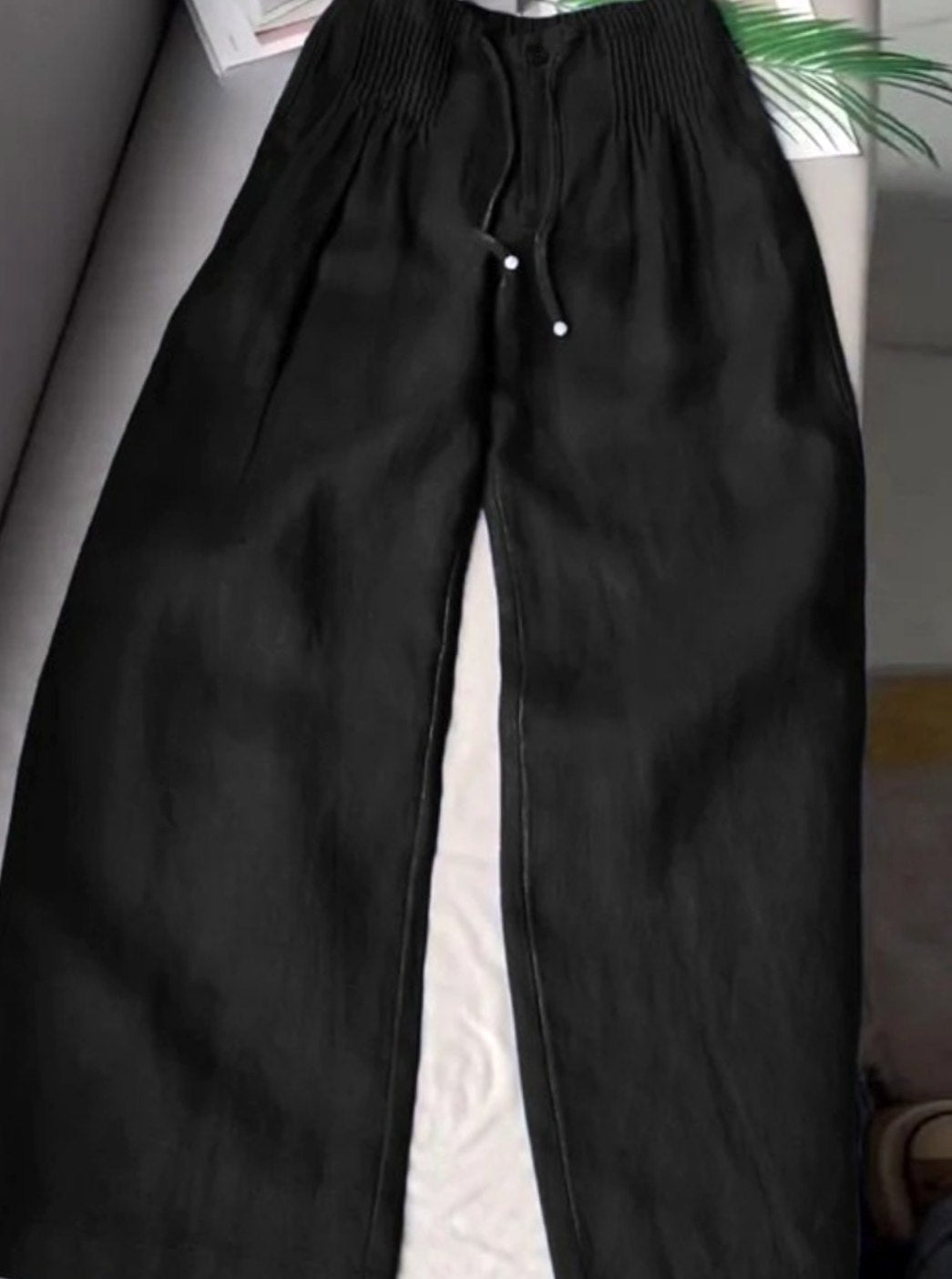 Women's Wide-Leg Drawstring High-Waist Cotton Trousers - Black